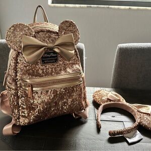 Disney Loungefly Rose Gold Mini Backpack and Headband Set